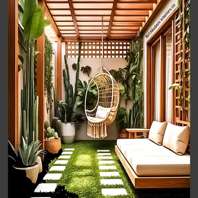 This balcony is designed for ultimate relaxation, featuring both a hanging wicker swing and a low-profile daybed. The artificial grass path between them makes the space feel like a private garden path leading to different zones for lounging.
