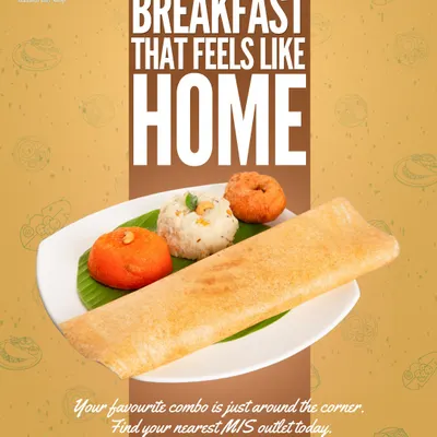 Breakfast that feels like home. Our combo plate with dosa, pongal, kesari, and vada is just like Amma makes it.