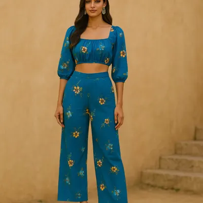 A glimpse of what's possible. This chic blue floral co-ord set, with its square neckline and puff sleeves, was born from one of our versatile printed fabrics.