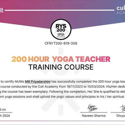 I am proud to be a certified yoga teacher. This is my 200-hour Yoga Teacher Training certificate from the Cult Academy.