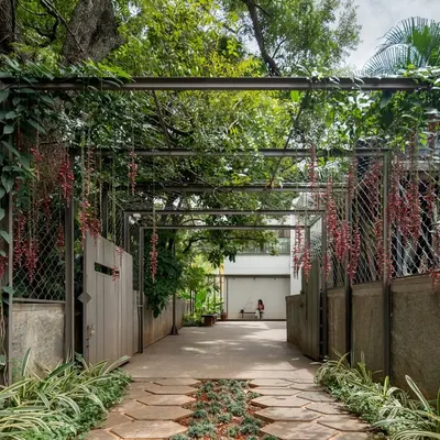 The entrance to 'A House Reborn' is marked by a long driveway framed by a creeper-laden pergola. This green corridor creates a peaceful transition from the city into the private sanctuary of the home.