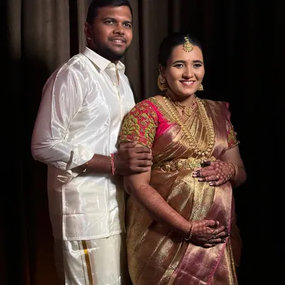 A beautiful portrait of my bride Raji and her husband at her baby shower. I created a traditional and glowing look to celebrate this special milestone.