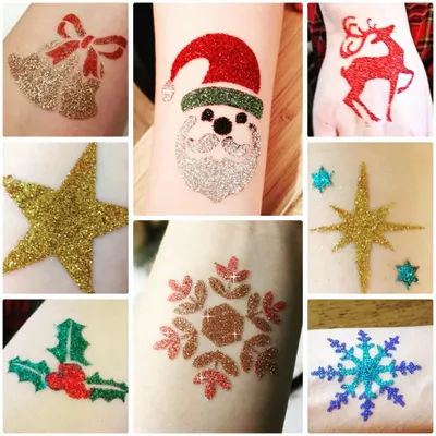 Get into the holiday spirit with my Christmas glitter tattoo collection. This collage features jingle bells, Santa Claus, reindeer, stars, snowflakes, and holly, perfect for any Christmas party.
