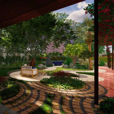 A render of a maximalist private garden, designed as a weekend getaway. This view from a shaded veranda shows a rich tapestry of flowering trees, intricate paving, and multiple seating areas for a young family to unwind.