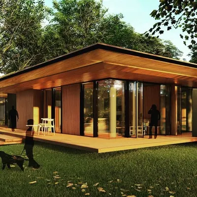 A 3D render of the Avadhani Estates farmhouse concept, designed with a large overhanging roof and glass walls to create a pavilion-like structure in nature.