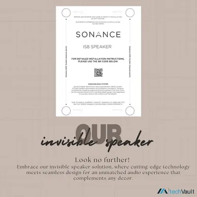 This graphic explains our invisible speaker solution from Sonance. The speaker is installed flush with the drywall and can be painted or finished over, making it completely disappear while delivering unmatched audio quality that seems to come from nowhere.