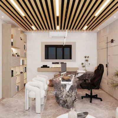 A render of a modern, luxurious office reception or meeting space, featuring a unique stone desk, wood slat ceiling, and comfortable client seating.