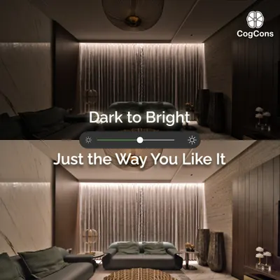 Go from dark to bright and every shade in between with our smart dimming solutions. This split-screen image shows how you can precisely control the light intensity in your living room to create the perfect mood.