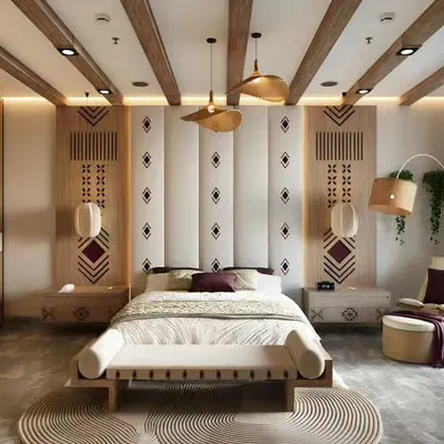 This bedroom design is inspired by boutique hotel luxury, featuring a tufted statement headboard and exposed ceiling beams. The tribal patterns and warm wood tones create a unique and sophisticated aesthetic.