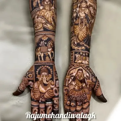 This design is full of divine blessings. It features a large Ganesha portrait on one palm, a bride on the other, and portraits of Radha-Krishna and another goddess on the arms.