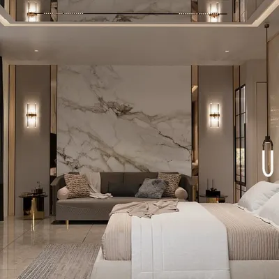 Another view of the 7500 sq. ft. master suite, where we executed the installation of marble wall panels and integrated wall sconces. The mirrored ceiling panels were also part of our scope, requiring careful handling and precise installation.