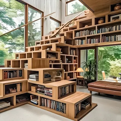 A truly unique design where the staircase itself is a library. Each step and riser is a bookshelf, creating a stunning and highly functional architectural feature in the home.