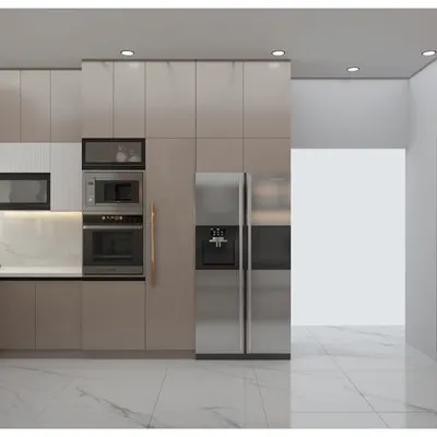 This 3D render shows a full wall of tall units, providing immense storage capacity. It seamlessly integrates a side-by-side refrigerator, a built-in oven and microwave, and additional pantry space.