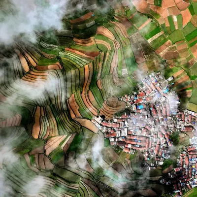 A top-down drone photograph of Poombarai Village in Kodaikanal, Tamil Nadu. The terraced fields and the village nestled among them create a stunning, almost abstract pattern when viewed from above.