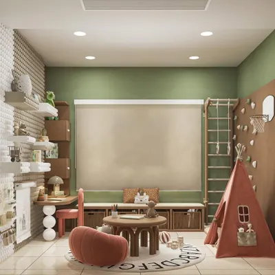 This is a full view of a children's playroom we designed to be a hub of creativity and fun. The space includes a desk for drawing, a bench with storage for toys, and a play area with a teepee, all rendered in a calming and cheerful color palette.