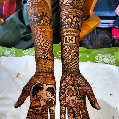 A truly personalized bridal design featuring a cute caricature of the couple, their names Kartik and Bhavna, and their initials BK. This is a wonderful way to tell your unique love story.