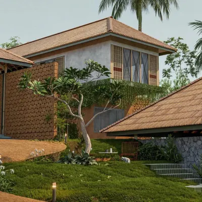 A rendering of 'The Walk', a conceptual residence in Palakkad that is thoughtfully shaped by the natural contours of the terrain.