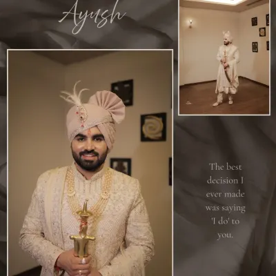A stylish collage of the groom in his magnificent ivory sherwani. We capture both a detailed close-up and a full-length royal portrait.