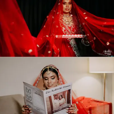 A creative bridal portrait of Sakshi, showing her reading a custom newspaper titled 'The Aashiki Times' with the couple's photo on it.