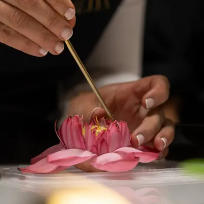 The delicate art of sugar flowers. A student carefully assembles the petals of a lotus flower made from sugar paste during a plated desserts masterclass.