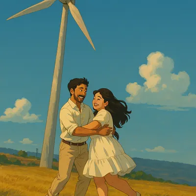 A joyful moment in a field with a windmill, transformed into a dreamy Ghibli-inspired portrait. This shows how we can turn a real photo into a piece of animation art.