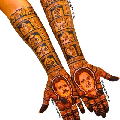 The ultimate personalization: this bride chose to honor her parents with detailed, hand-drawn portraits on her palms. It's a beautiful and emotional tribute for her wedding day.