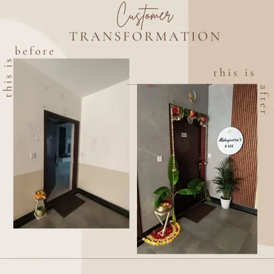 This is the kind of transformation I love. On the left is the plain original entrance, and on the right is the final look after my design and execution, creating a warm and welcoming entryway for the Mahapatra family.