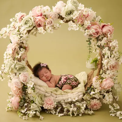 A newborn girl sleeps peacefully in a basket swing, completely encircled by a magnificent wreath of pink and white roses, creating a stunning floral masterpiece.