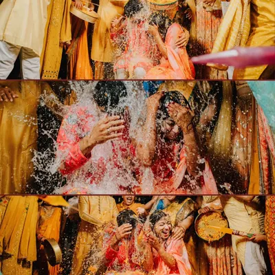 An explosion of color and water at Uhanjali and Abhi's Haldi. This collage captures the wild, joyful, and completely uninhibited fun of the celebration.