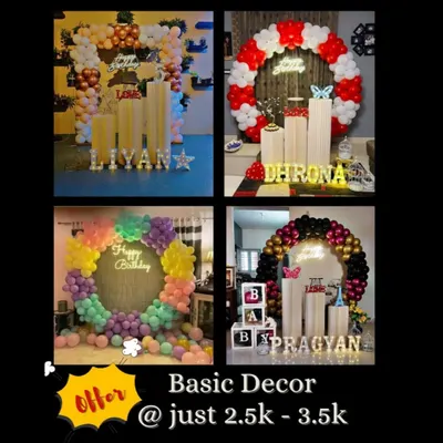 We offer basic decor packages that are both beautiful and affordable, starting from just 2.5k to 3.5k. This collage shows examples of our elegant circular balloon setups perfect for home celebrations.