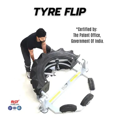 Our patented Tyre Flip machine, certified by the Government of India. This innovative equipment offers a safe and space-efficient way to perform tyre flips, a classic strongman exercise for building full-body power.
