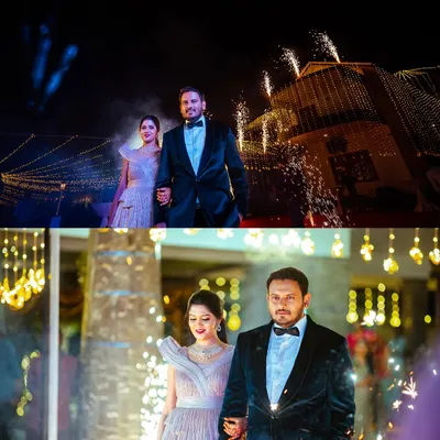 A grand, sparkling entrance for the couple at their evening cocktail party.