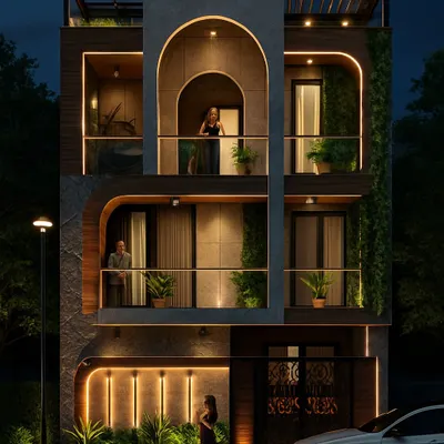 A 3D visualization of a home in Godrej Retreat, Faridabad. The design emphasizes warm, layered lighting to create an inviting and luxurious feel after dark, highlighting the architectural details and greenery.