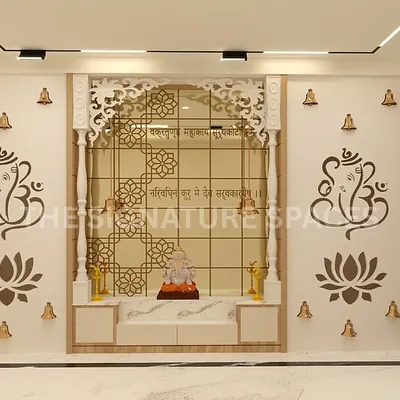 Executing sacred spaces requires precision. For this pooja unit, we translated an intricate design into reality, managing the CNC-cut backdrop, installing the backlighting, and building the marble-topped base cabinet to create a serene and flawless centerpiece.