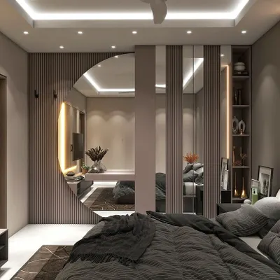 A 3D render of a high-end master bedroom concept. The design uses a mix of fluted panels and large mirrors to create a sense of space and luxury.