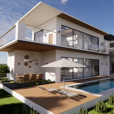 This is a 3D architectural render of the 'Snow Villa' exterior. The design is strategically elevated on its 3000 sqm plot to offer unobstructed views of the surrounding mango farms, featuring large glass facades and an outdoor pool deck.