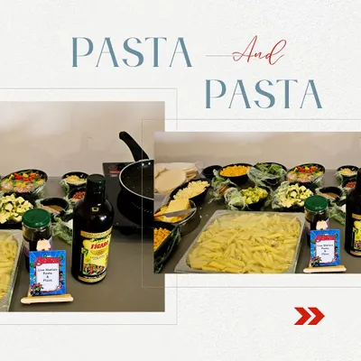 Our live pasta counter shows penne, sauces and vegetable toppings including corn, bell peppers and broccoli, arranged for guest choices.