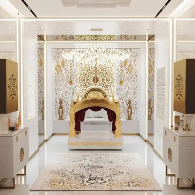 This 'Babaji room' is a masterpiece of spiritual design, an 'Architecture of Peace'. Every detail, from the ornate gold throne to the intricately patterned walls and brilliant chandelier, was crafted to create a space of pure reverence and tranquility.