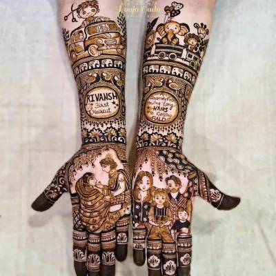 Celebrating life's biggest moments is my passion. This unique henna design was created for a baby shower and Mundan ceremony, featuring a family portrait, the baby's first haircut, and adorable animals in a car to tell the family's story.