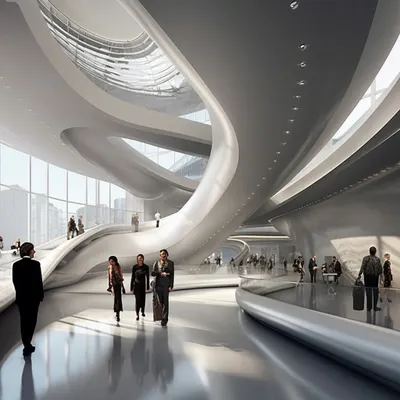 A rendering of the interior of my "Vegas Meets the World" metaverse concept. The space is defined by fluid, dynamic forms that guide users through a futuristic, multi-level environment for social interaction and gaming.