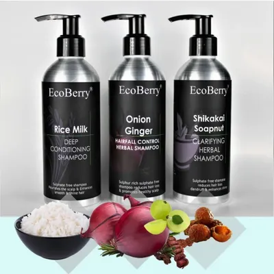 Tired of hair concerns? We have three shampoos for you: Rice Milk for deep conditioning, Onion Ginger for hair fall control, and Shikakai Soapnut for clarifying. All are toxin-free and handmade.