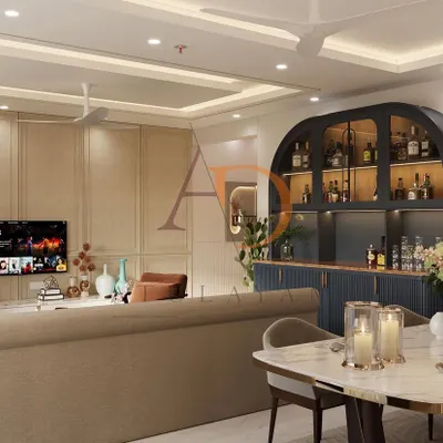 This wide view shows how a bespoke bar unit can be integrated into an open-plan living and dining area, creating distinct zones while maintaining a cohesive and luxurious feel.
