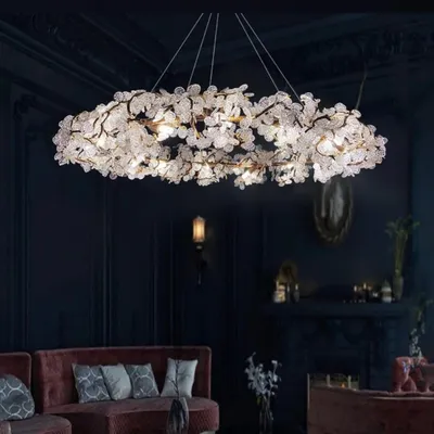 A breathtaking floral-inspired chandelier, creating a canopy of light. This piece is perfect for a grand living or dining area with its intricate design and warm illumination.