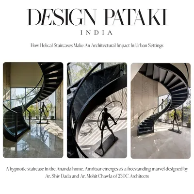Our hypnotic helical staircase in the Ananda home was featured in Design Pataki for its architectural impact. It emerges as a freestanding marvel, with its dark, ribbon-like form creating a powerful sculptural statement against the light-filled space.
