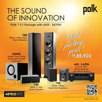 The Sound of Innovation. This Polk T 5.1 Package, paired with a Denon AVR-S670H receiver, includes T50 floor-standing speakers, a T30 center speaker, T15 bookshelf speakers, and a PSW10 subwoofer. It's a complete, high-value system for immersive home theater.
