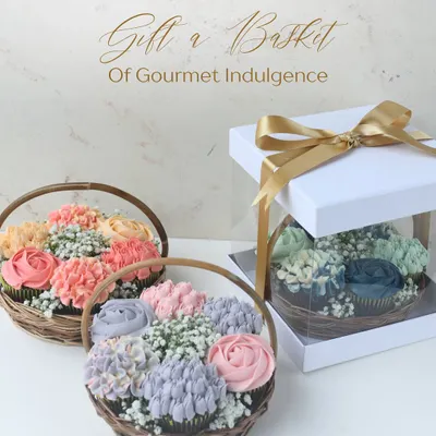 My Floral Cupcake Baskets are designed to be the ultimate gourmet gift. This image showcases two different color palettes, beautifully arranged and presented in a premium gift box with a satin ribbon.