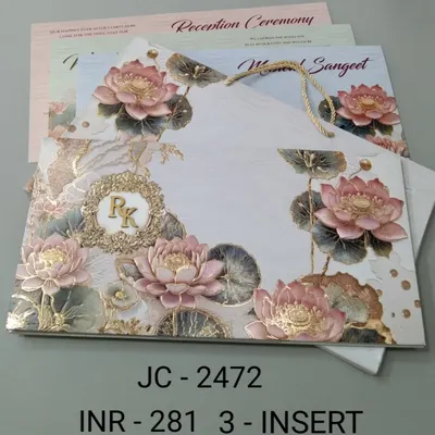 This unique invitation features a bag-style holder adorned with 3D lotus flowers and a custom monogram. The design is both functional and beautiful, with inserts for all your event details.