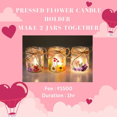 A promotional graphic for our pressed flower candle holder workshop, a quick and beautiful one-hour project.