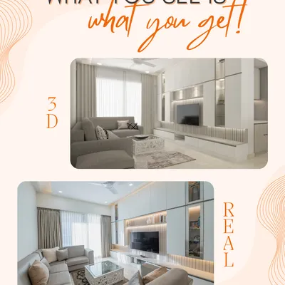 A side-by-side comparison of the 3D render and the actual photo of this minimalist living room. Our meticulous execution ensures the final space is exactly as envisioned.