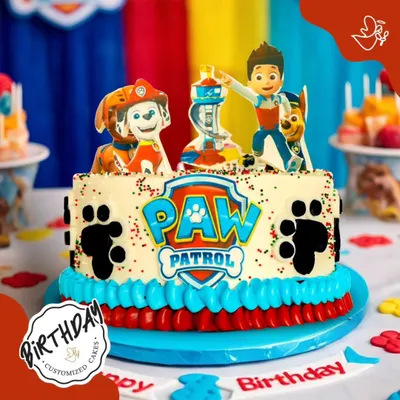 Paw Patrol is on a roll! This fun cake features Ryder and his team of pups, complete with paw prints and the iconic logo, ready for a birthday rescue mission.